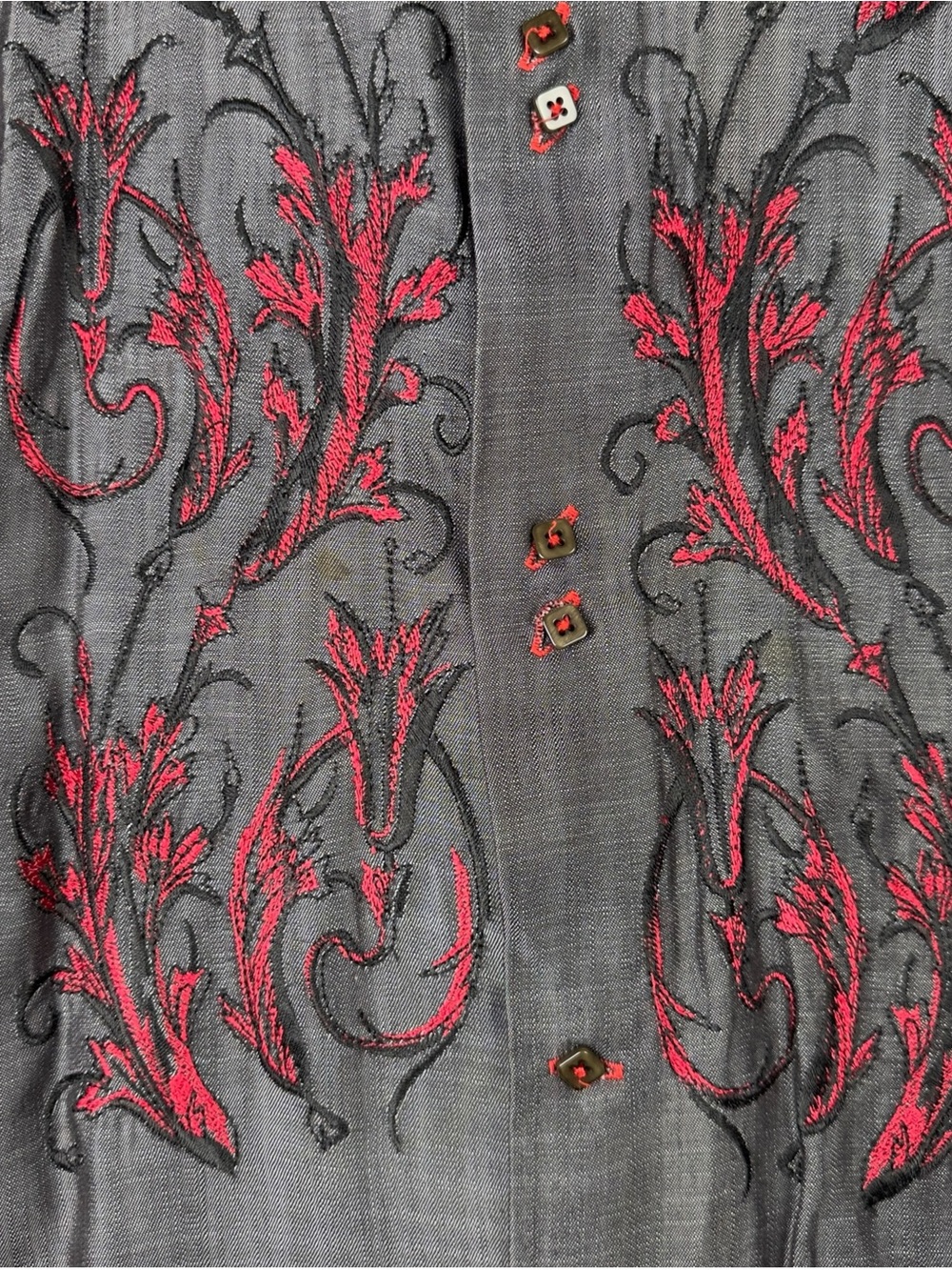 Angelino For Bermuda Button Up Shirt Mens XL Gray Embroidered Red Vines Leaves - Picture 2 of 8